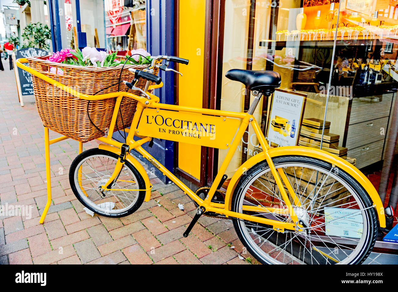 Pashley bicycle outside L`Occitane shop, Stock Photo